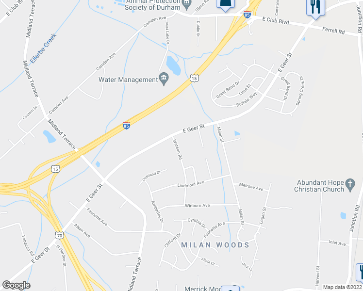 map of restaurants, bars, coffee shops, grocery stores, and more near 1911 Watson Road in Durham