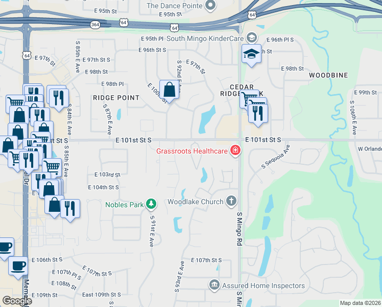 map of restaurants, bars, coffee shops, grocery stores, and more near 10115 South 94th East Avenue in Tulsa