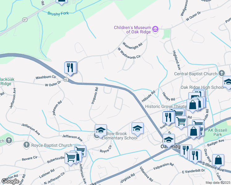 map of restaurants, bars, coffee shops, grocery stores, and more near 102 Independence Lane in Oak Ridge