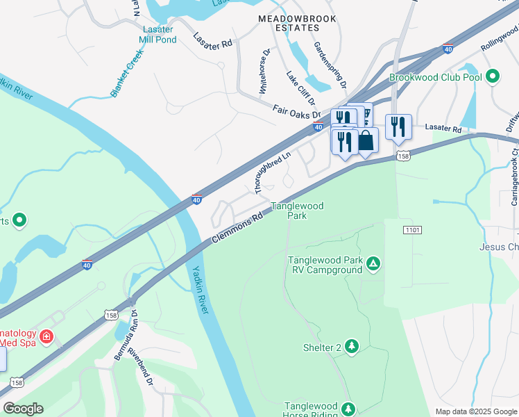 map of restaurants, bars, coffee shops, grocery stores, and more near 7516 Riverside Court in Clemmons