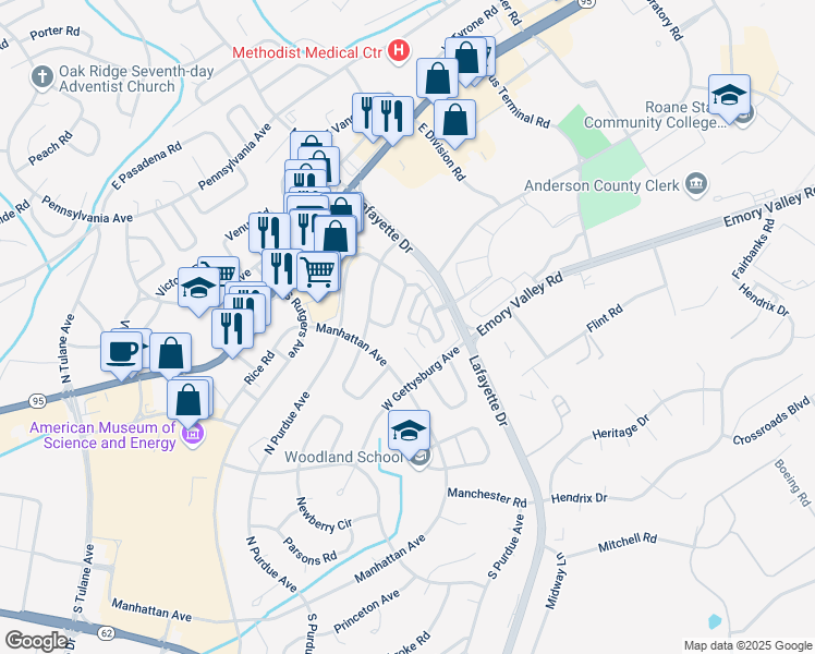 map of restaurants, bars, coffee shops, grocery stores, and more near 139 Liberty Court in Oak Ridge