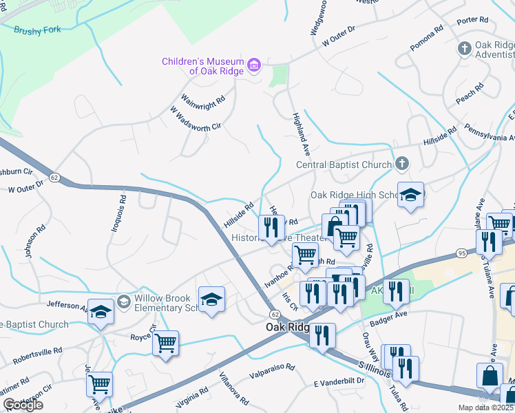 map of restaurants, bars, coffee shops, grocery stores, and more near 223 Hillside Road in Oak Ridge