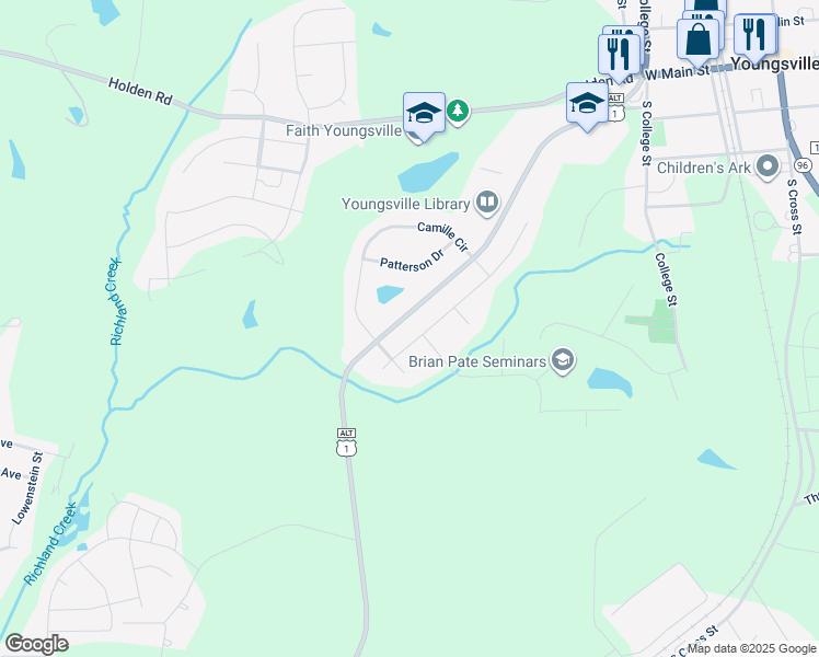 map of restaurants, bars, coffee shops, grocery stores, and more near 401 Blue Heron Drive in Youngsville