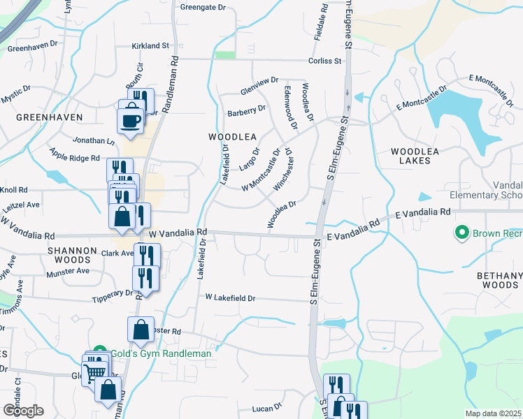 map of restaurants, bars, coffee shops, grocery stores, and more near 3403 Winchester Drive in Greensboro