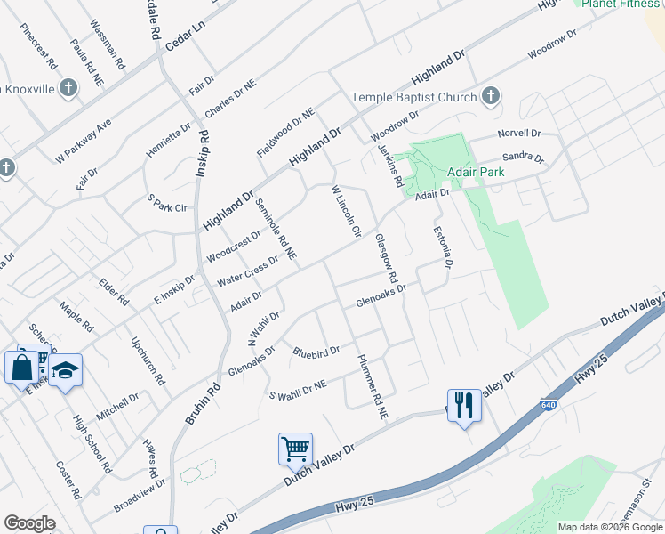 map of restaurants, bars, coffee shops, grocery stores, and more near 1400 Adair Drive in Knoxville