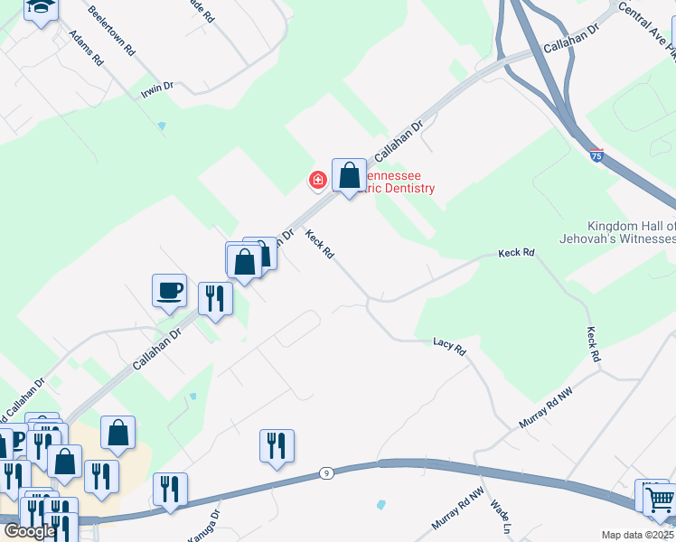 map of restaurants, bars, coffee shops, grocery stores, and more near 6625 Keck Road in Knoxville