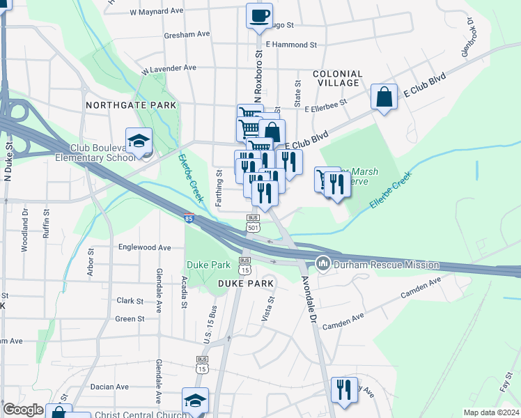 map of restaurants, bars, coffee shops, grocery stores, and more near 2010 N Roxboro St in Durham