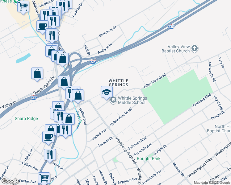 map of restaurants, bars, coffee shops, grocery stores, and more near 2827 White Oak Lane in Knoxville