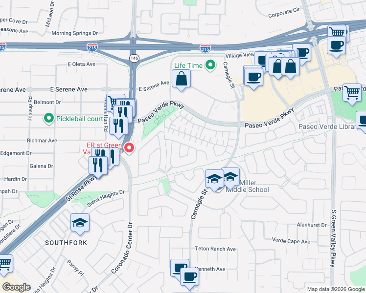 map of restaurants, bars, coffee shops, grocery stores, and more near 268 Deerleap Circle in Henderson
