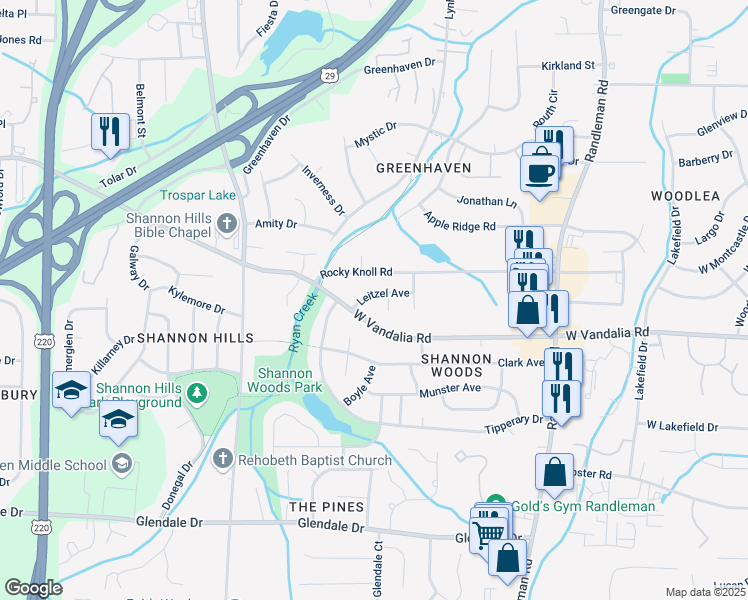 map of restaurants, bars, coffee shops, grocery stores, and more near 511 Leitzel Avenue in Greensboro