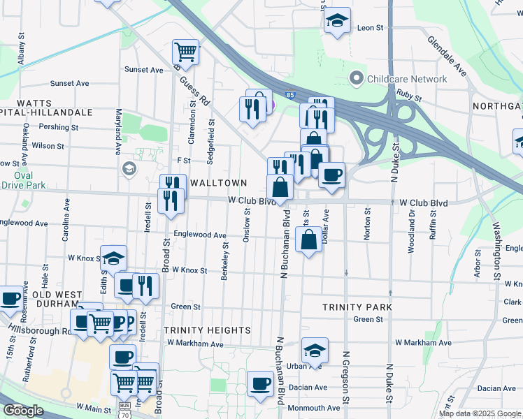map of restaurants, bars, coffee shops, grocery stores, and more near 1119 Lancaster Street in Durham
