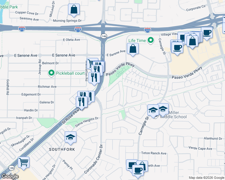 map of restaurants, bars, coffee shops, grocery stores, and more near 268 Fair Play Street in Henderson