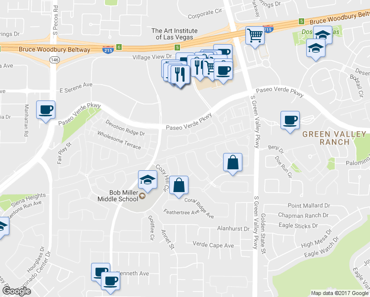 map of restaurants, bars, coffee shops, grocery stores, and more near 2151 Hidden Ranch Terrace in Henderson