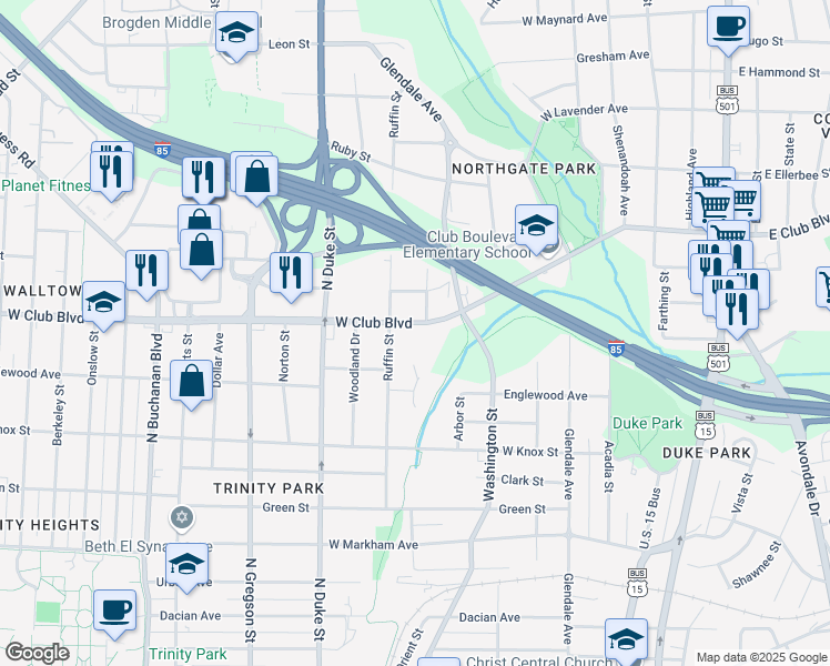 map of restaurants, bars, coffee shops, grocery stores, and more near 631 West Club Boulevard in Durham