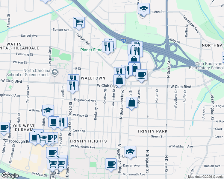 map of restaurants, bars, coffee shops, grocery stores, and more near 1119 Lancaster Street in Durham