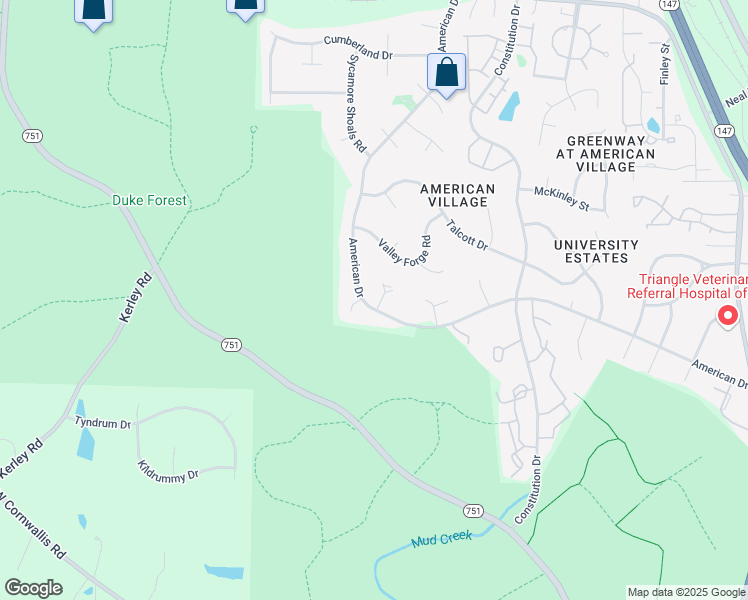 map of restaurants, bars, coffee shops, grocery stores, and more near 4402 American Drive in Durham