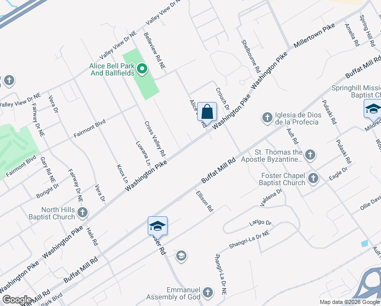 map of restaurants, bars, coffee shops, grocery stores, and more near 4202 Washington Pike in Knoxville