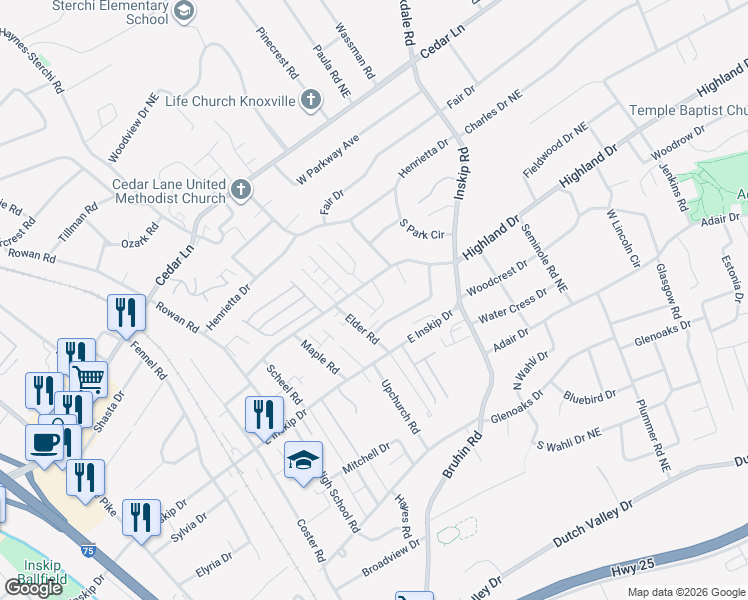 map of restaurants, bars, coffee shops, grocery stores, and more near 810 Highland Drive in Knoxville