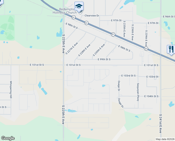 map of restaurants, bars, coffee shops, grocery stores, and more near 23300 East 101st Street in Broken Arrow