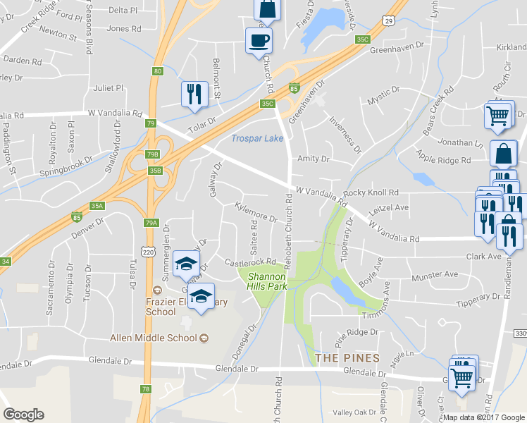 map of restaurants, bars, coffee shops, grocery stores, and more near 2004 Kylemore Drive in Greensboro