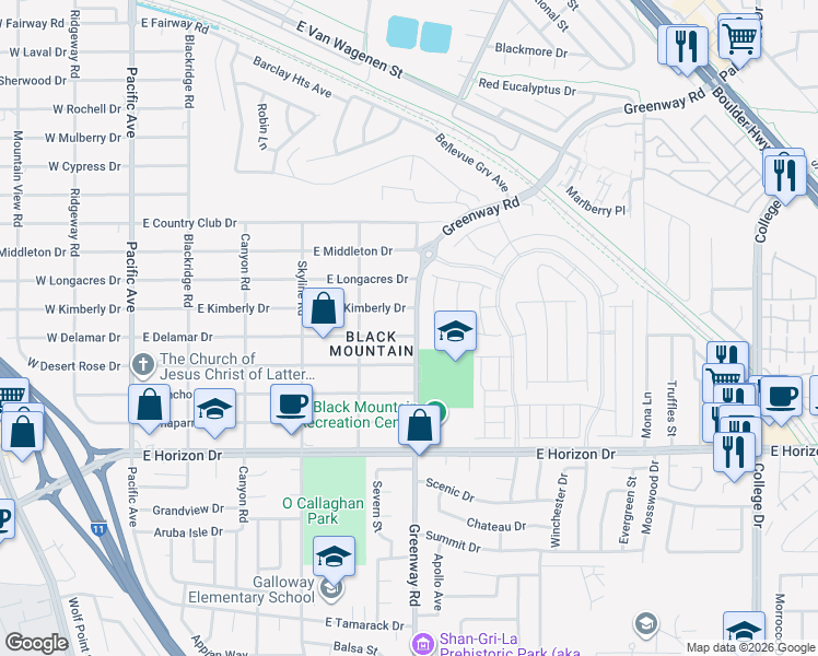 map of restaurants, bars, coffee shops, grocery stores, and more near 390 East Delamar Drive in Henderson