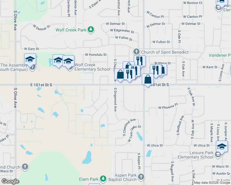 map of restaurants, bars, coffee shops, grocery stores, and more near 3600 South Chestnut Avenue in Broken Arrow
