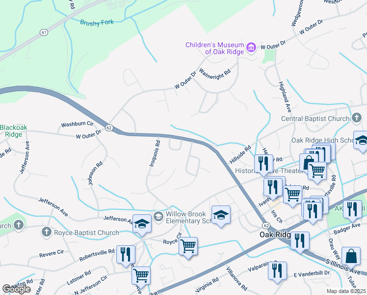 map of restaurants, bars, coffee shops, grocery stores, and more near 102 Independence Lane in Oak Ridge