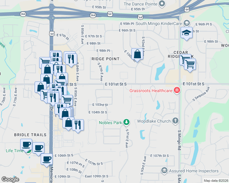 map of restaurants, bars, coffee shops, grocery stores, and more near 9006 East 101st Street in Tulsa