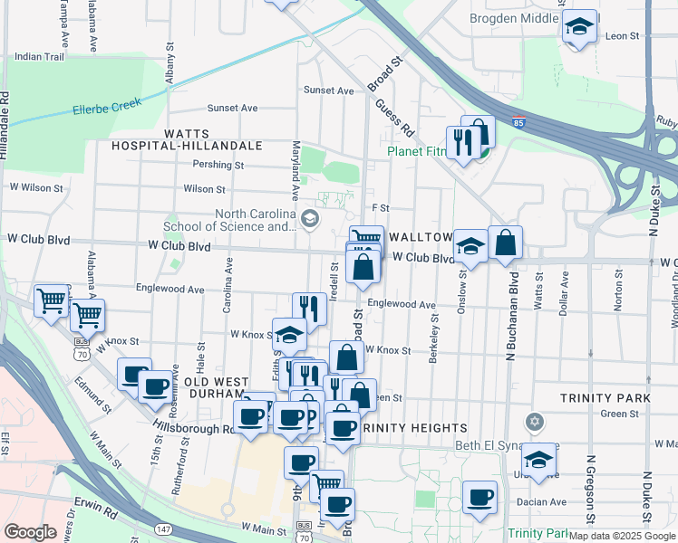 map of restaurants, bars, coffee shops, grocery stores, and more near 1114 Iredell Street in Durham