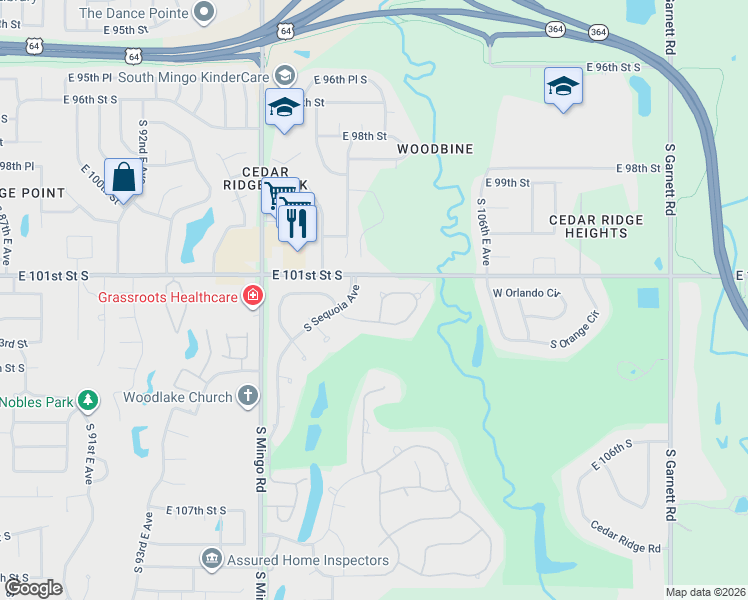 map of restaurants, bars, coffee shops, grocery stores, and more near 5900 West Orlando Circle in Broken Arrow