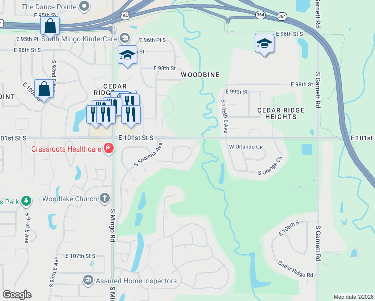 map of restaurants, bars, coffee shops, grocery stores, and more near 5610 West Orlando Circle in Broken Arrow