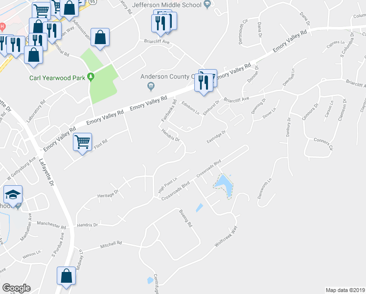 map of restaurants, bars, coffee shops, grocery stores, and more near 101 Hanover Place in Oak Ridge