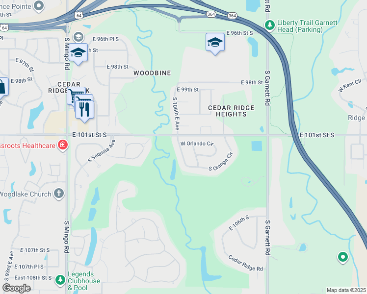 map of restaurants, bars, coffee shops, grocery stores, and more near 3610 South Orange Circle in Broken Arrow