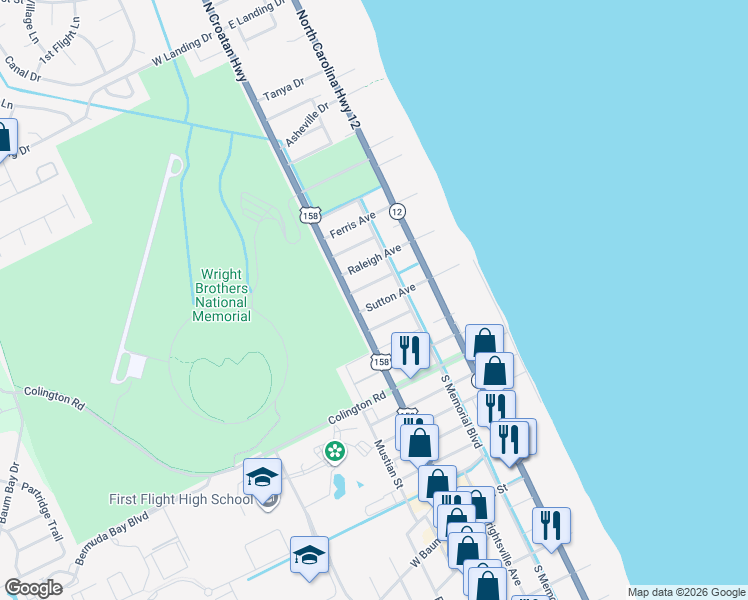 map of restaurants, bars, coffee shops, grocery stores, and more near 106 Sutton Avenue in Kill Devil Hills
