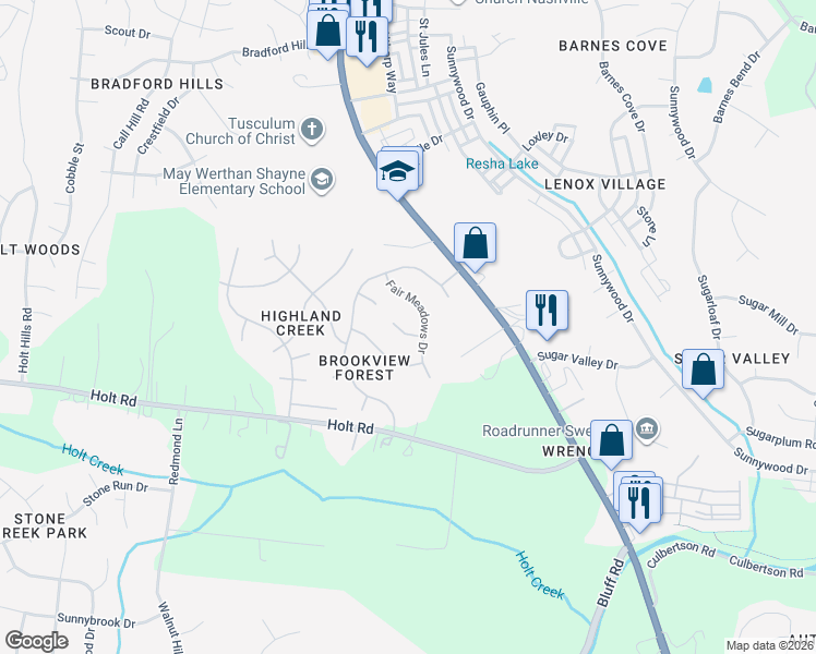 map of restaurants, bars, coffee shops, grocery stores, and more near 3604 Fairmeadows Court in Nashville
