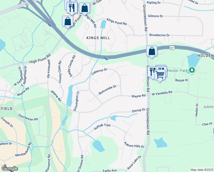 map of restaurants, bars, coffee shops, grocery stores, and more near 3810 Buncombe Drive in Greensboro