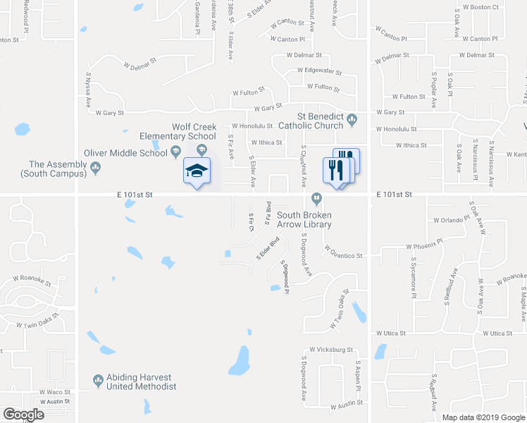 map of restaurants, bars, coffee shops, grocery stores, and more near 3614 South Fir Boulevard in Broken Arrow