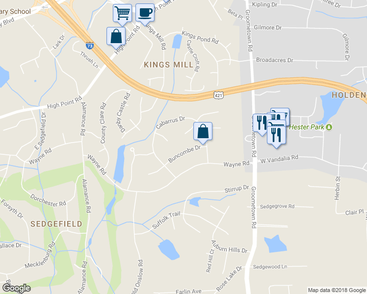 map of restaurants, bars, coffee shops, grocery stores, and more near 3810 Buncombe Drive in Greensboro