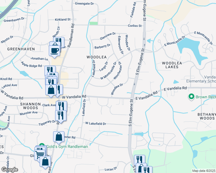 map of restaurants, bars, coffee shops, grocery stores, and more near 3403 Winchester Drive in Greensboro
