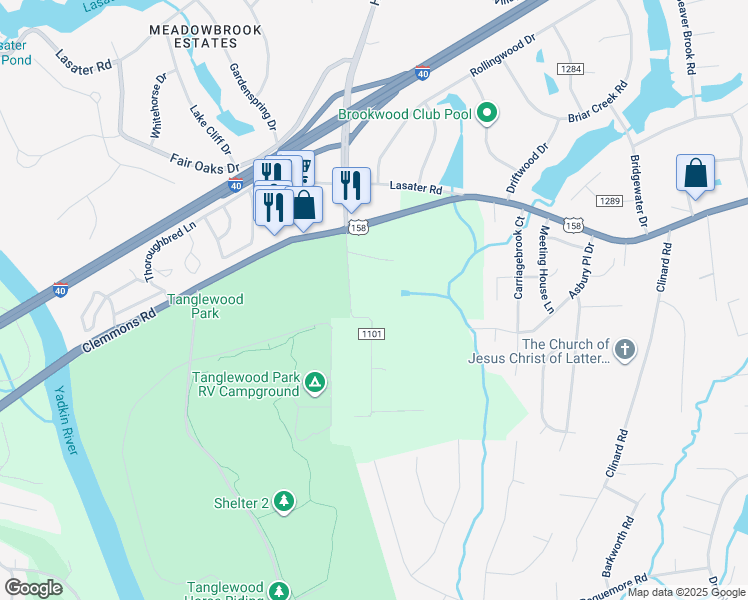 map of restaurants, bars, coffee shops, grocery stores, and more near Craver Land Road in Clemmons