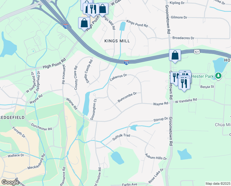 map of restaurants, bars, coffee shops, grocery stores, and more near 3803 Rappahannock Court in Greensboro