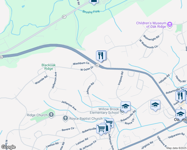 map of restaurants, bars, coffee shops, grocery stores, and more near 173 Johnson Road in Oak Ridge