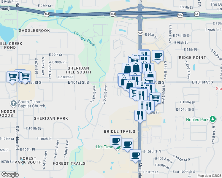 map of restaurants, bars, coffee shops, grocery stores, and more near 10122 South 77th East Place in Tulsa