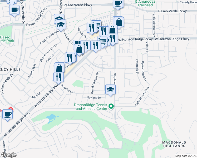 map of restaurants, bars, coffee shops, grocery stores, and more near 1409 Colfax Creek St in Henderson