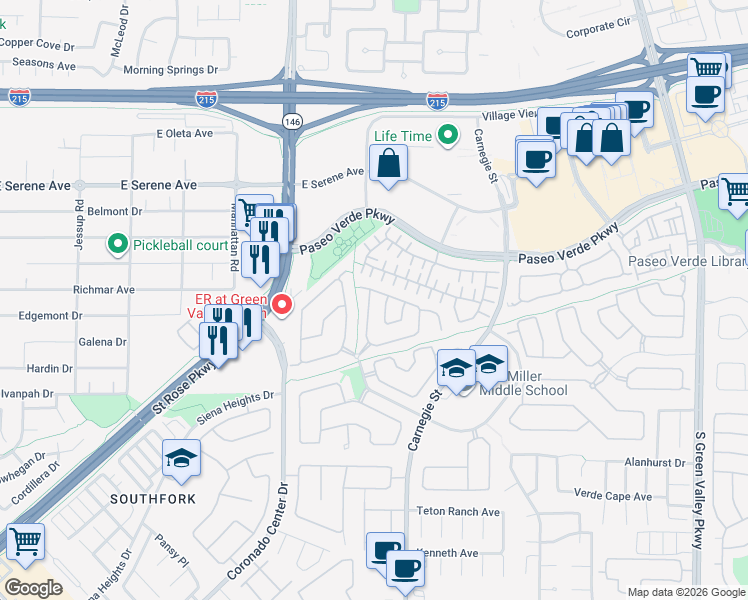 map of restaurants, bars, coffee shops, grocery stores, and more near 278 Heatherstone Street in Henderson