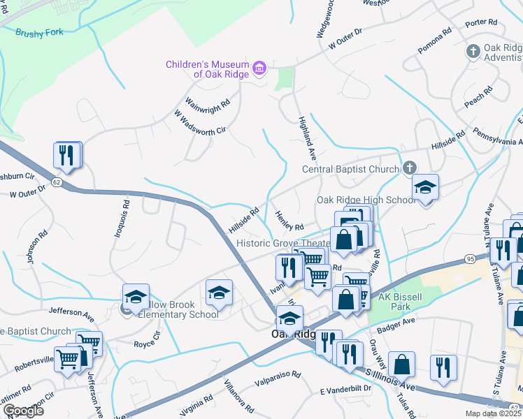 map of restaurants, bars, coffee shops, grocery stores, and more near 223 Hillside Road in Oak Ridge