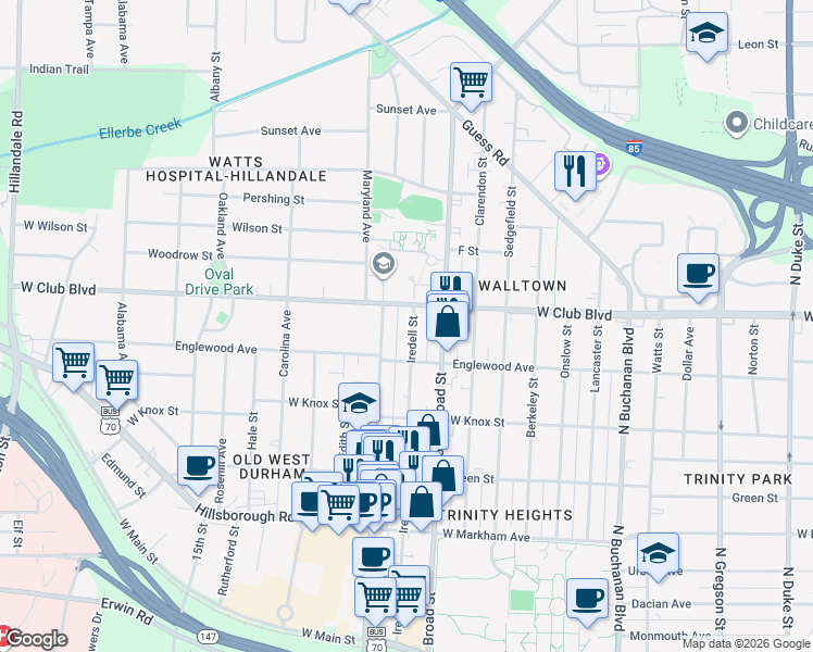 map of restaurants, bars, coffee shops, grocery stores, and more near 1115 Iredell Street in Durham