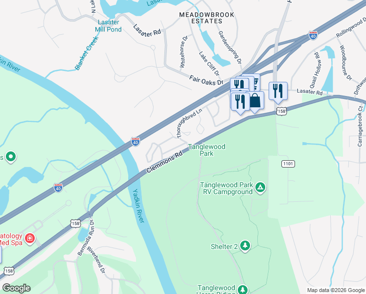 map of restaurants, bars, coffee shops, grocery stores, and more near 7516 Riverside Court in Clemmons