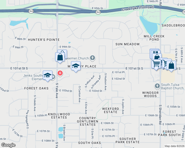map of restaurants, bars, coffee shops, grocery stores, and more near 5324 East 101st Place in Tulsa