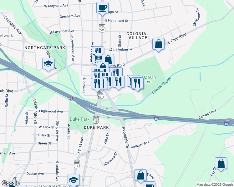 map of restaurants, bars, coffee shops, grocery stores, and more near 311 Foushee Street in Durham